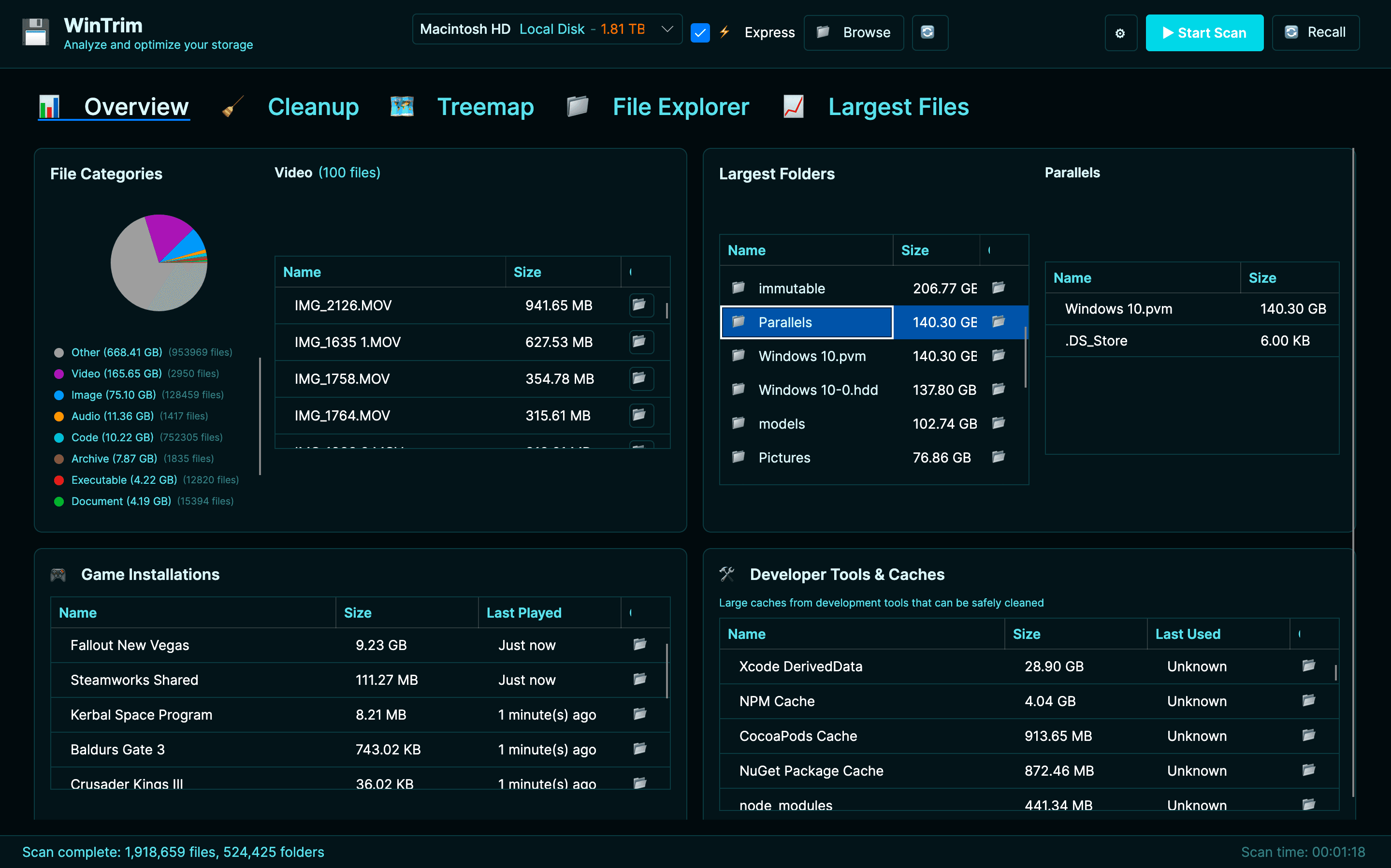 WinTrim scanning 1.81 TB drive - analyzing 1.9 million files in 78 seconds